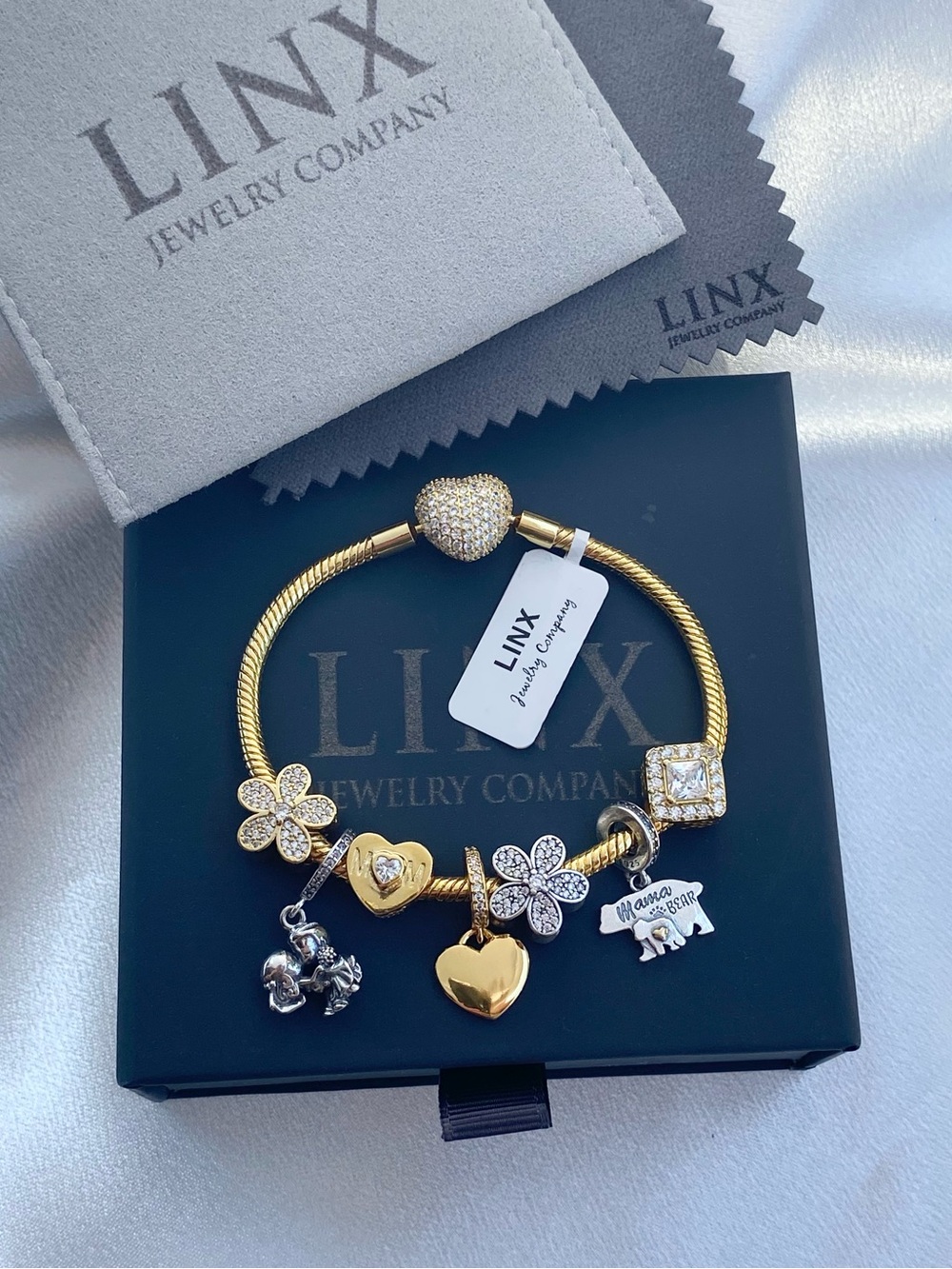 Linx Gold Snake Chain Charm Bracelet with Wife & Mom Themed Charms